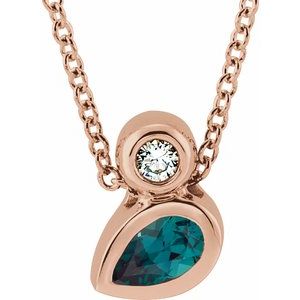 14K Rose Gold 5x3 mm Pear Lab-Grown Alexandrite & .03 CT Natural Diamond 16-18" Necklace