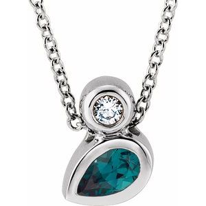 14K White Gold 5x3 mm Pear Lab-Grown Alexandrite & .03 CT Natural Diamond 16-18" Necklace