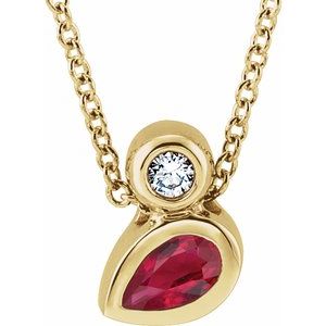 14K Yellow Gold 5x3 mm Pear Natural Ruby & .03 CT Diamond 16-18" Necklace