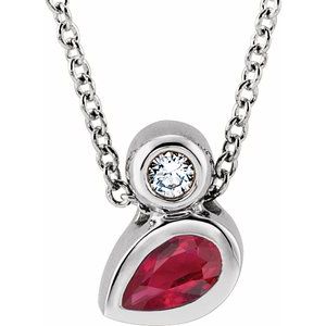 Platinum 5x3 mm Pear Natural Ruby & .03 CT Natural Diamond 16-18" Necklace