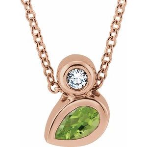 14K Rose Gold 5x3 mm Pear Natural Peridot & .03 CT Natural Diamond 16-18" Necklace