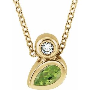 14K Yellow Gold 5x3 mm Pear Natural Peridot & .03 CT Natural Diamond 16-18" Necklace