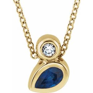 14K Yellow Gold 5x3 mm Pear Natural Blue Sapphire & .03 CT Natural Diamond 16-18" Necklace
