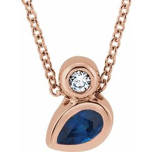14K Rose Gold 5x3 mm Pear Natural Blue Sapphire & .03 CT Natural Diamond 16-18" Necklace