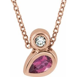 14K Rose Gold 5x3 mm Pear Natural Pink Tourmaline & .03 CT Natural Diamond 16-18" Necklace