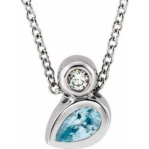 14K White Gold 5x3 mm Pear Natural Blue Zircon & .03 CT Natural Diamond 16-18" Necklace