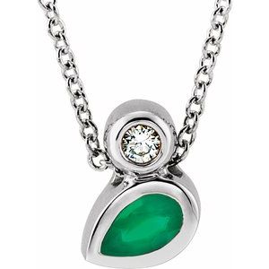 14K White Gold 5x3 mm Pear Natural Emerald & .03 CT Natural Diamond 16-18" Necklace