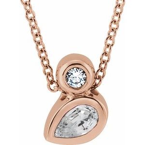 14K Rose Gold 5x3 mm Pear Natural White Sapphire & .03 CT Natural Diamond 16-18" Necklace