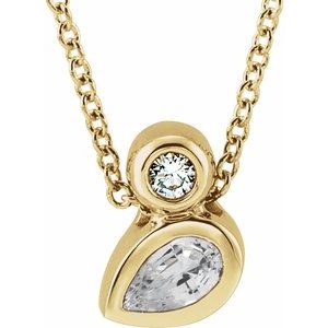 14K Yellow Gold 5x3 mm Pear Natural White Sapphire & .03 CT Natural Diamond 16-18" Necklace