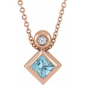 14K Rose Gold 4x4 mm Square Natural Aquamarine & .03 CT Natural Diamond 16-18" Necklace