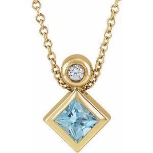 14K Yellow Gold 4x4 mm Square Natural Aquamarine & .03 CT Natural Diamond 16-18" Necklace