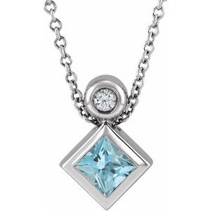 14K White Gold 4x4 mm Square Natural Aquamarine & .03 CT Natural Diamond 16-18" Necklace