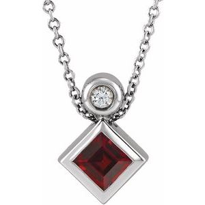 Platinum 4x4 mm Square Natural Mozambique Garnet & .03 CT Natural Diamond 16-18" Necklace