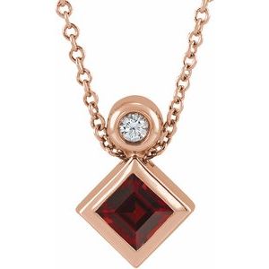 14K Rose Gold 4x4 mm Square Natural Mozambique Garnet & .03 CT Natural Diamond 16-18" Necklace