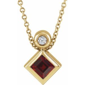 14K Yellow Gold 4x4 mm Square Natural Mozambique Garnet & .03 CT Natural Diamond 16-18" Necklace