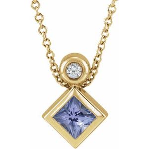 14K Yellow Gold 4x4 mm Square Natural Tanzanite & .03 CT Natural Diamond 16-18" Necklace