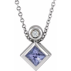 14K White Gold 4x4 mm Square Natural Tanzanite & .03 CT Natural Diamond 16-18" Necklace