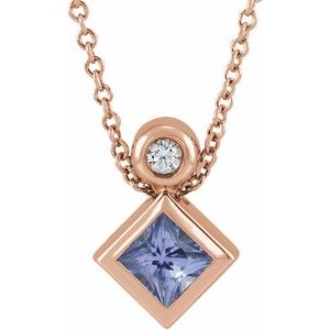 14K Rose Gold 4x4 mm Square Natural Tanzanite & .03 CT Natural Diamond 16-18" Necklace