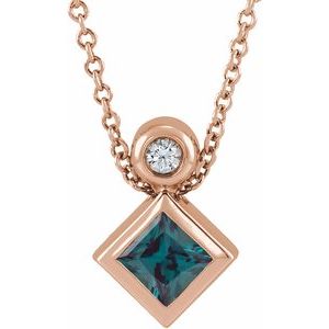 14K Rose Gold 4x4 mm Square Lab-Grown Alexandrite & .03 CT Natural Diamond 16-18" Necklace