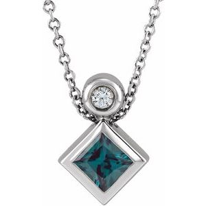 Sterling Silver 4x4 mm Square Lab-Grown Alexandrite & .03 CT Natural Diamond 16-18" Necklace