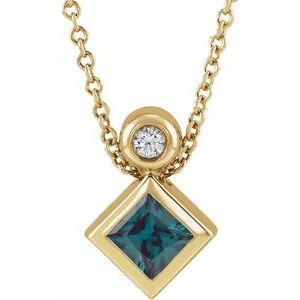 14K Yellow Gold 4x4 mm Square Lab-Grown Alexandrite & .03 CT Natural Diamond 16-18" Necklace