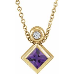 14K Yellow Gold 4x4 mm Square Natural Amethyst & .03 CT Natural Diamond 16-18" Necklace
