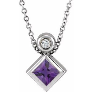 Sterling Silver 4x4 mm Square Natural Amethyst & .03 CT Natural Diamond 16-18" Necklace