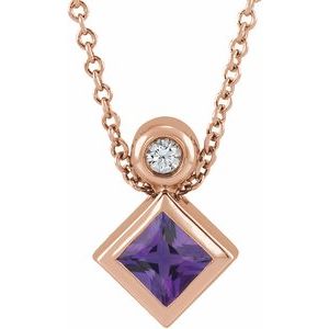 14K Rose Gold 4x4 mm Square Natural Amethyst & .03 CT Natural Diamond 16-18" Necklace