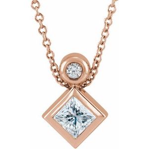 14K Rose Gold 4x4 mm Square Natural White Sapphire & .03 CT Natural Diamond 16-18" Necklace