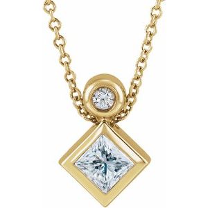 14K Yellow Gold 4x4 mm Square Natural White Sapphire & .03 CT Natural Diamond 16-18" Necklace