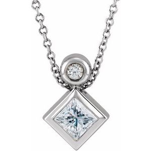 14K White Gold 4x4 mm Square Natural White Sapphire & .03 CT Natural Diamond 16-18" Necklace