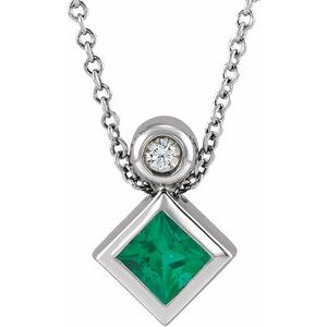 Sterling Silver 4x4 mm Square Lab-Grown Emerald & .03 CT Natural Diamond 16-18" Necklace