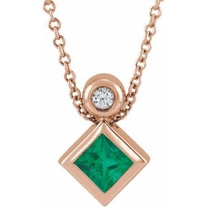 14K Rose Gold 4x4 mm Square Natural Emerald & .03 CT Natural Diamond 16-18" Necklace