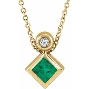 14K Yellow Gold 4x4 mm Square Natural Emerald & .03 CT Natural Diamond 16-18" Necklace