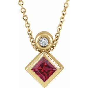 14K Yellow Gold 4x4 mm Square Lab-Grown Ruby & .03 CT Natural Diamond 16-18" Necklace