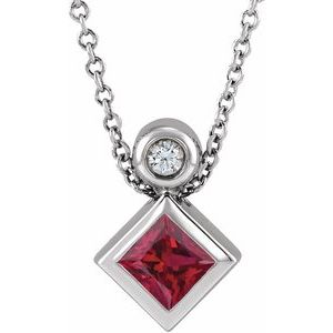 Sterling Silver 4x4 mm Square Natural Ruby & .03 CT Natural Diamond 16-18" Necklace