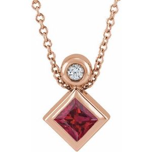 14K Rose Gold 4x4 mm Square Natural Ruby & .03 CT Natural Diamond 16-18" Necklace