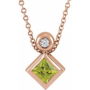 14K Rose Gold 4x4 mm Square Natural Peridot & .03 CT Natural Diamond 16-18" Necklace