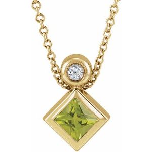 14K Yellow Gold 4x4 mm Square Natural Peridot & .03 CT Natural Diamond 16-18" Necklace