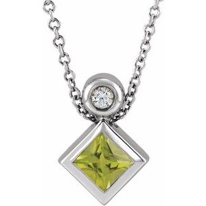 Platinum 4x4 mm Square Natural Peridot & .03 CT Natural Diamond 16-18" Necklace