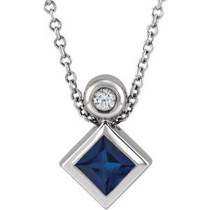 14K White Gold 4x4 mm Square Natural Blue Sapphire & .03 CT Natural Diamond 16-18" Necklace