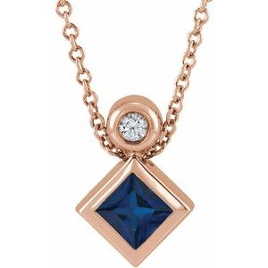 14K Rose Gold 4x4 mm Square Lab-Grown Blue Sapphire & .03 CT Natural Diamond 16-18" Necklace