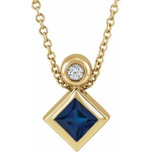 14K Yellow Gold 4x4 mm Square Lab-Grown Blue Sapphire & .03 CT Natural Diamond 16-18" Necklace