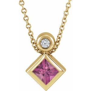 14K Yellow Gold 4x4 mm Square Natural Pink Tourmaline & .03 CT Natural Diamond 16-18" Necklace