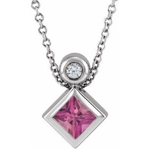14K White Gold 4x4 mm Square Natural Pink Tourmaline & .03 CT Natural Diamond 16-18" Necklace
