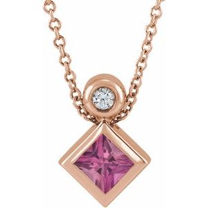 14K Rose Gold 4x4 mm Square Natural Pink Tourmaline & .03 CT Natural Diamond 16-18" Necklace