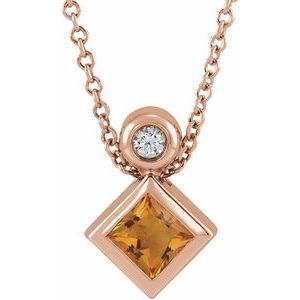 14K Rose Gold 4x4 mm Square Natural Citrine & .03 CT Natural Diamond 16-18" Necklace