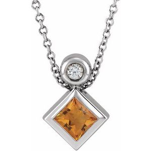 14K White Gold 4x4 mm Square Natural Citrine & .03 CT Natural Diamond 16-18" Necklace