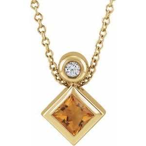14K Yellow Gold 4x4 mm Square Natural Citrine & .03 CT Natural Diamond 16-18" Necklace