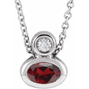 Platinum 5x3 mm Oval Natural Mozambique Garnet & .03 CT Natural Diamond 16-18" Necklace